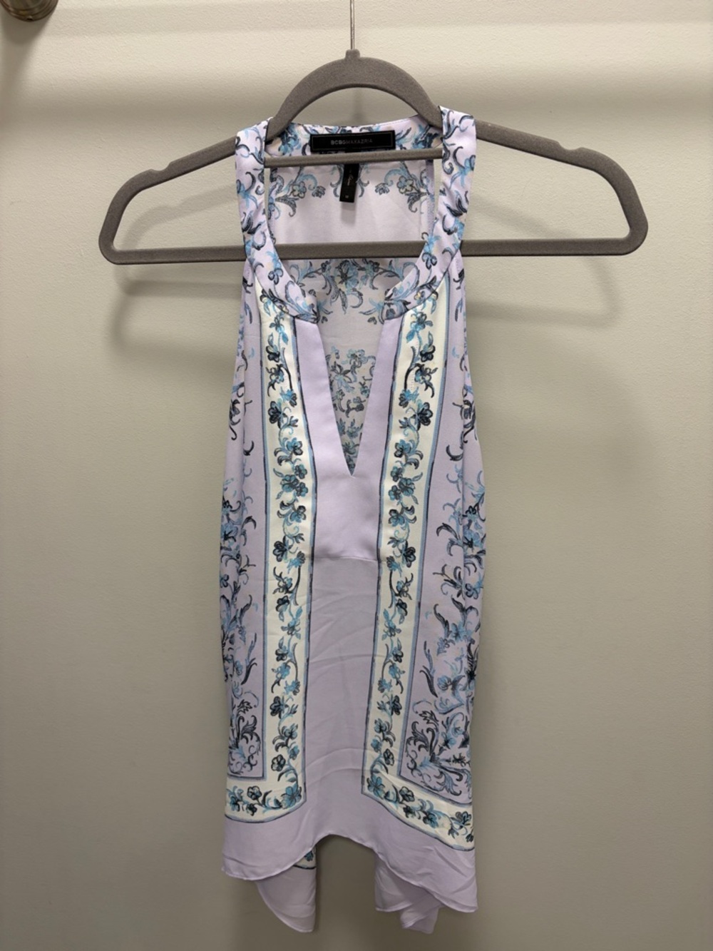 BCBG MAXAZARIA White, Blue and Light Purple Trapeze Printed Halter Top